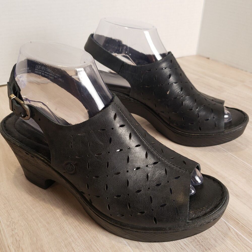 Born Black Leather Slingback Sandals Peep Toe Chunky Heel Women’s Size 7.5 - Picture 8 of 9